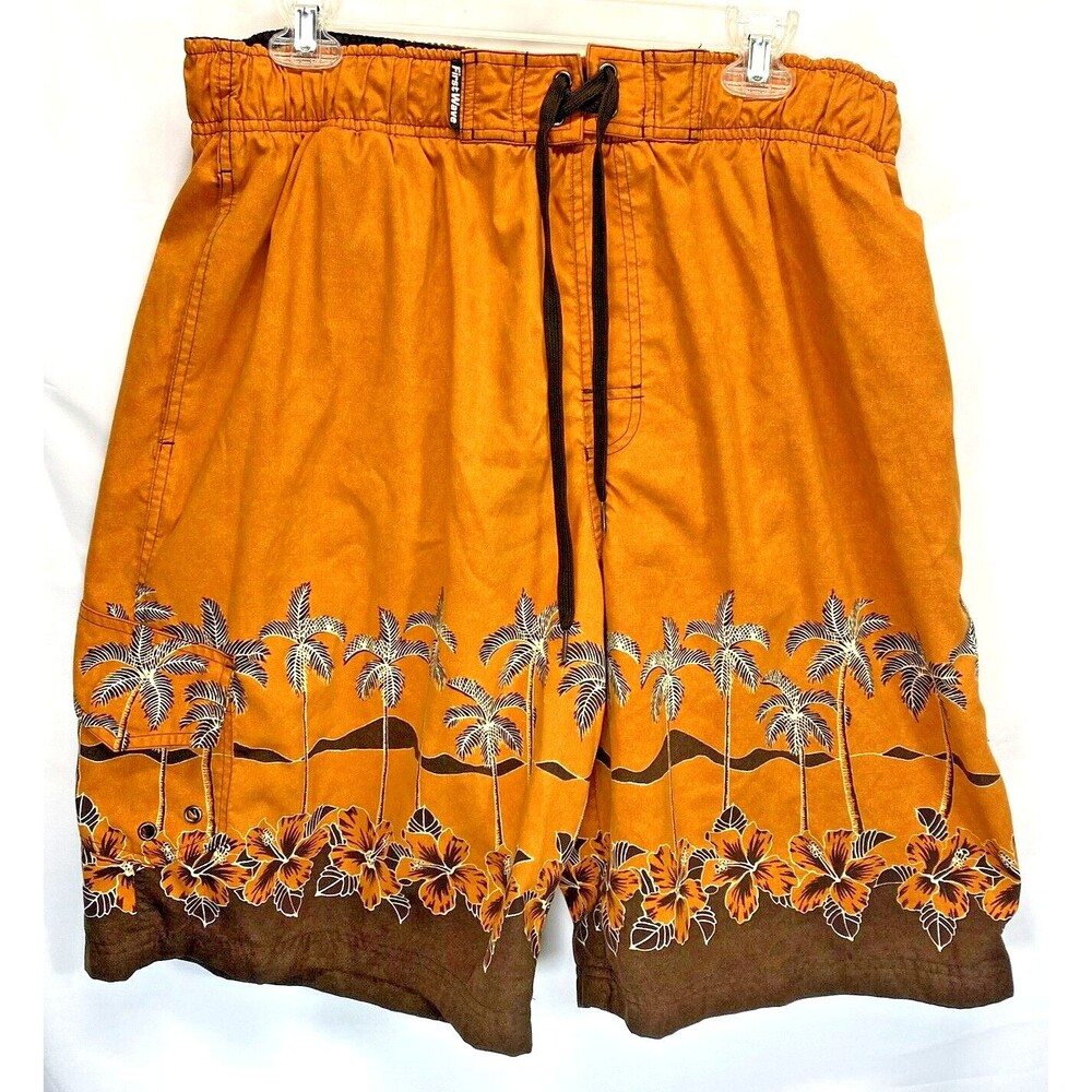 First Wave Tropical Floral Hawaiian Drawstring Board Shorts Sz XL Orange/Brown